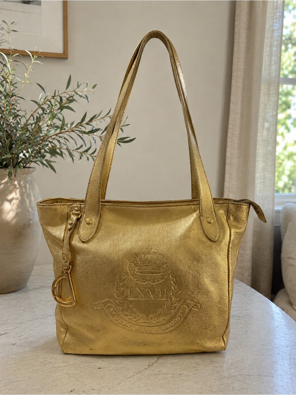 Lauren Ralph Lauren Metallic Gold LXVII Crest Tote Bag LG Shopper Shoulder Purse
